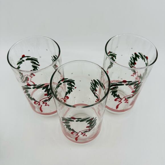 Set of 3 Vintage Libbey Christmas Glasses Green Wreath Red Bow Vtg Xmas Holiday - Picture 3 of 4